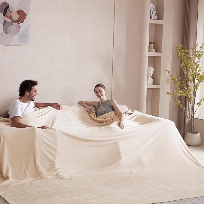 Extra Large 120x120 Inch Giant Soft Cozy Fleece Blanket, Huge Oversized Seamless King 3D Jacquard Decorative California King Blanket for Bed, Couch, Travel - Striped Khaki