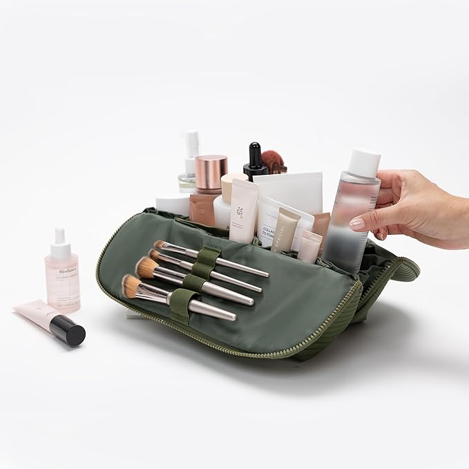 THE VERTI-Vertical Waterproof Makeup & Toiletry Bag | 23-Pocket Organizer with Upright, Fold-Down Design for Skincare, Toiletries & Essentials (Olive, Medium)