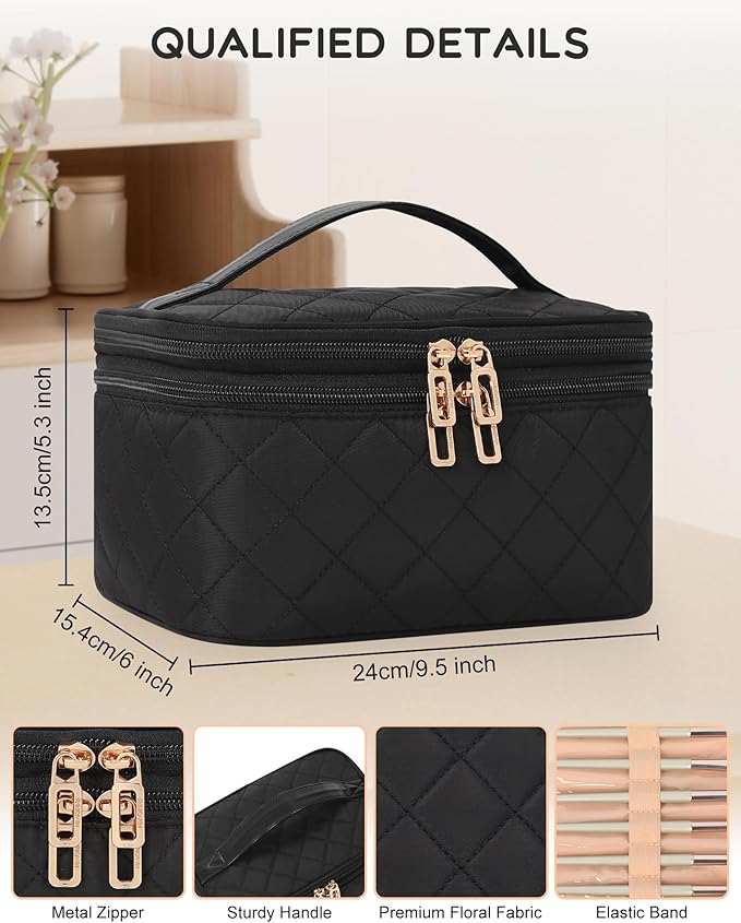 Relavel Travel Makeup Bag, Large Cosmetic Bag with Separate Makeup Brush Compartment, Cute Make Up Pouch for Women, Double Layer Toiletry Organizer Bag for Travel - Black