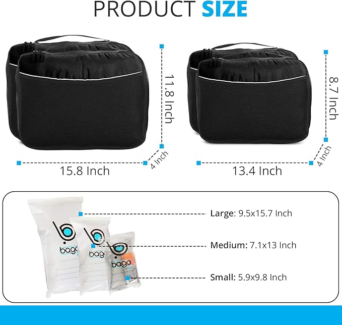 bago 7 Pcs Packing Cubes for Travel - 4 Travel Packing Cubes for Suitcases with 3 ZipLock Bags - Luggage Organizer Bags to Get Maximum Storage, Save Time & Effort to Pack (Black)