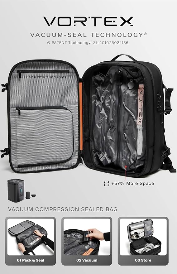 BlackVoyage Vortex Vacuum Seal Travel Backpack 60L Expandable Air Compression System Water Resistant TSA Lock Carry-On Suitcase Luggage Gray AERO - Vacuum Pump Included