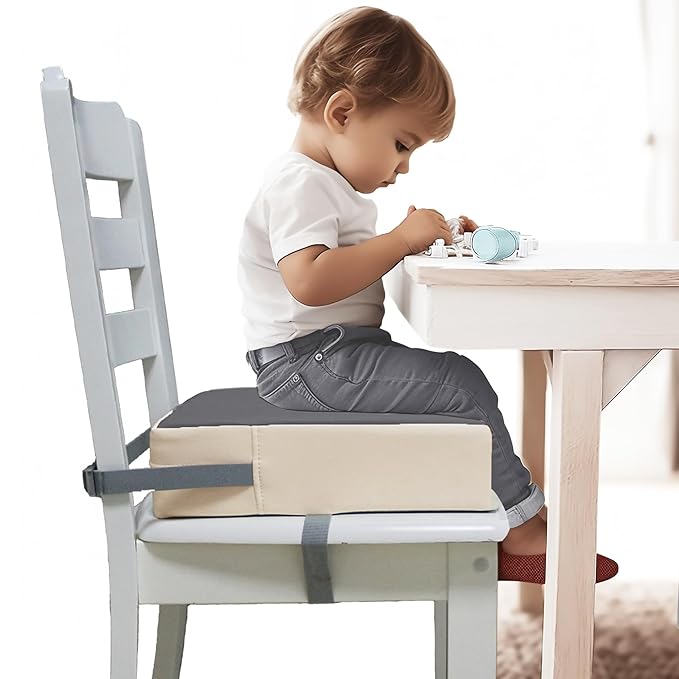 Toddler Booster Seat Dining Table Kitchen Chair, Waterproof Anti-Scratch PU Cushion, Non-Slip Bottom, Adjustable Buckle Straps, Easy Clean Portable Seat Cushion (Dark Grey+White)