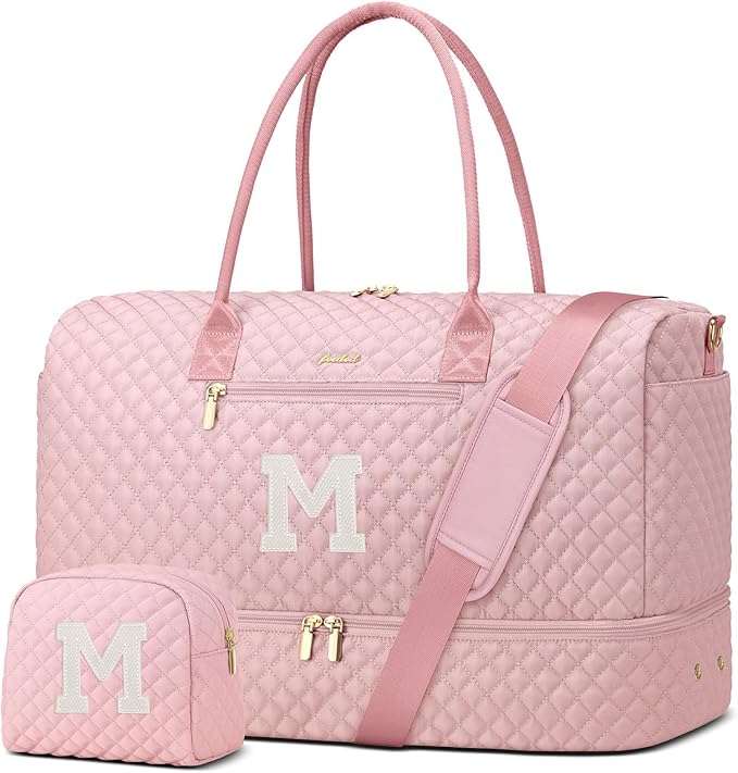 Letter Weekender Bags for Womens - Duffle Bag with Shoe Compartment Personalized Overnight Bag with Toiletry Bag Duffel Bags for Gym Hospital Bags Gift for Women Pink (Letter M)