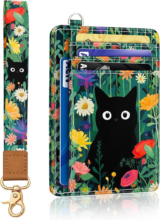 Yonlevres Cat Flower Credit Card Holder Slim Wallet, RFID Wallet Women Front Pocket Wristlet Lanyard, Small Card Holder Travel Funny Cute Thin ID Window PU Leather Case Organizer Gifts Girl