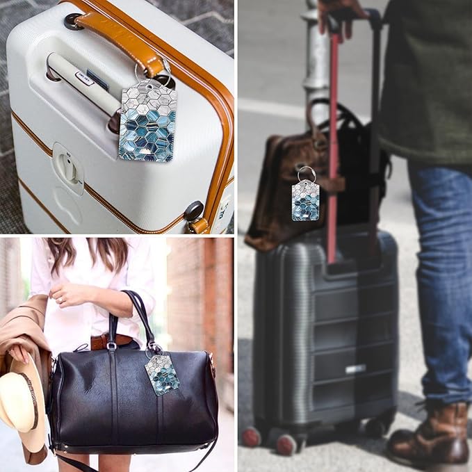 Fintie Luggage Tags, Privacy Cover ID Label with Stainless Steel Loop and Address Card for Travel Bag Suitcase, Agate Hexagons (2 Piece)