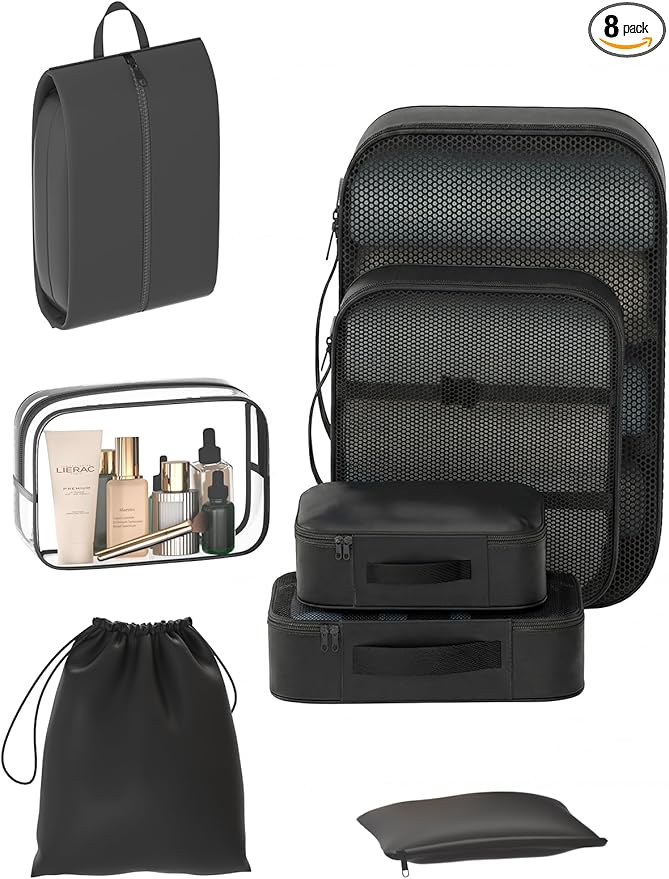 8 Set Packing Cubes for Travel with Clear Toiletry Bag, Durable Luggage Packing Organizers for Suitcase, Carry-On Accessories, TSA Approved See-Through Cubes, Space-Saving Storage Bags