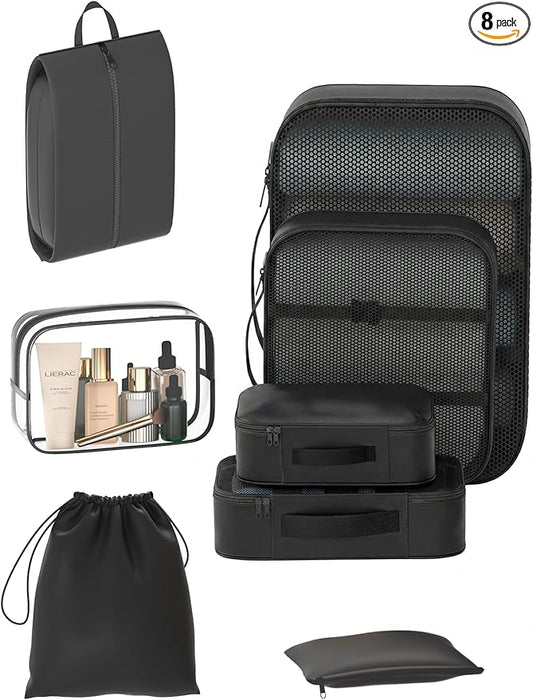 8 Set Packing Cubes for Travel with Clear Toiletry Bag, Durable Luggage Packing Organizers for Suitcase, Carry-On Accessories, TSA Approved See-Through Cubes, Space-Saving Storage Bags