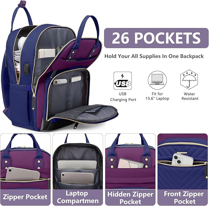 Laptop Backpack for Women Work Bag - 15.6 inch Travel Backpack Purse with USB Charger College Bookbag Waterproof Cute Casual Daypack Fashion Business Computer Backpacks for Teacher Nurse Purple Blue