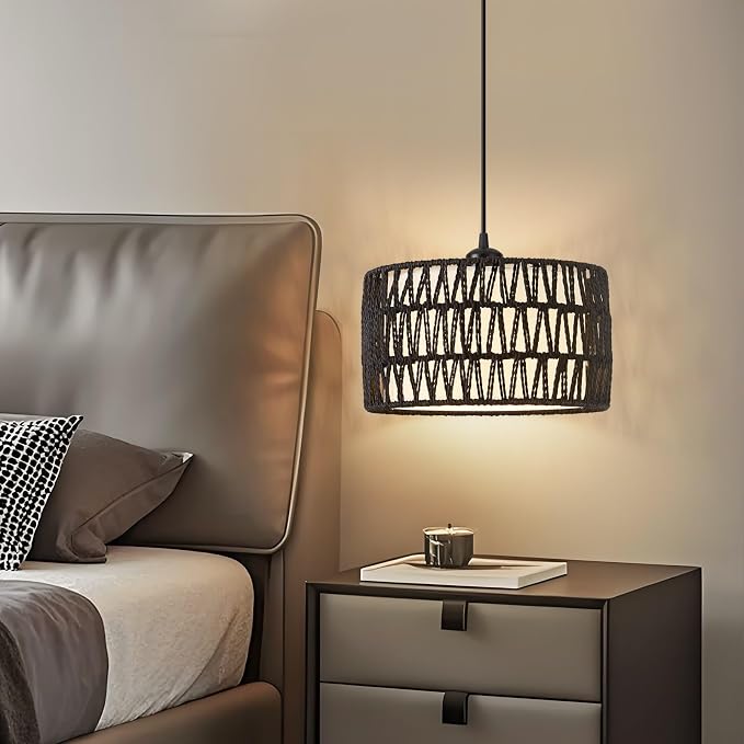 Plug in Pendant Light, Rattan Hanging Lights with Plug in Cord | Woven & Fabric 2 in 1 LampShade, Hanging Lamp Plug in for Bedroom Living Room Kitchen Island-Black (Bulb Included)