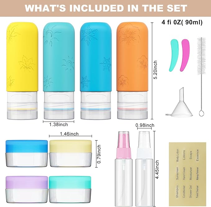 16 Pack Travel Bottles for Toiletries, Silicone TSA Approved-Containers for Toiletries, 3oz Silicone Travel Bottles Set Leak Proof Refillable Liquid, Shampoo and Conditioner Travel Toiletry Bottles