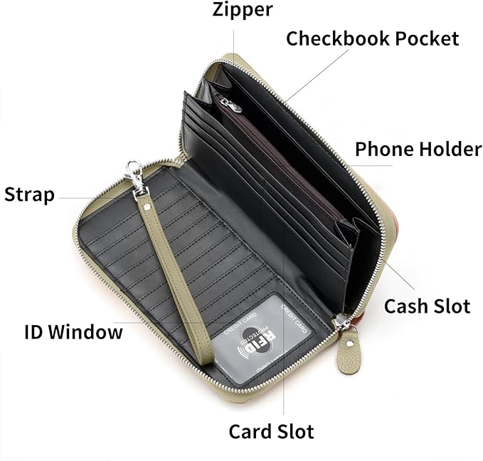 Moflycom Womens Wallet RFID Blocking Genuine Leather Multi Credit Card Large Capacity Zip Around Clutch Travel Purse Wristlet