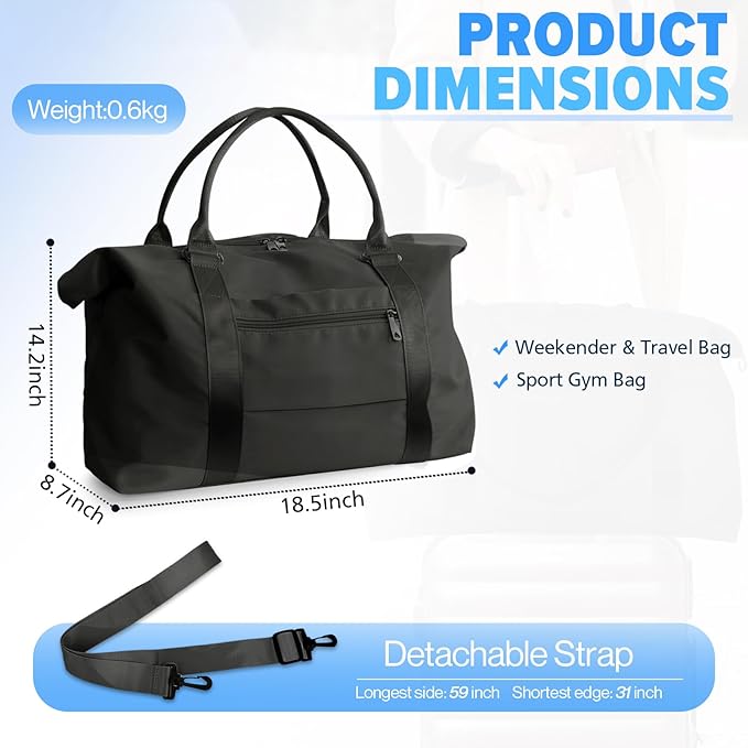 Travel Duffle Bag, Weekender Travel Bag Men Small Gym Bag for Women, Hospital Bag for Labor and Delivery, Overnight Bag Luggage Bag with Trolley Sleeve, Airplane Travel Essentials for Flying(Black)