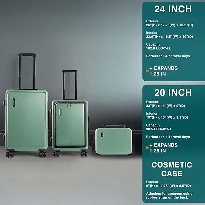 Luggage Sets 3 Piece, 20 Inch Carry on Luggage and 24 Inch Suitcases with Wheels Spinner, Durable Hard Shell Suitcase Set, Expandable Travel Suitcase, Sage Green