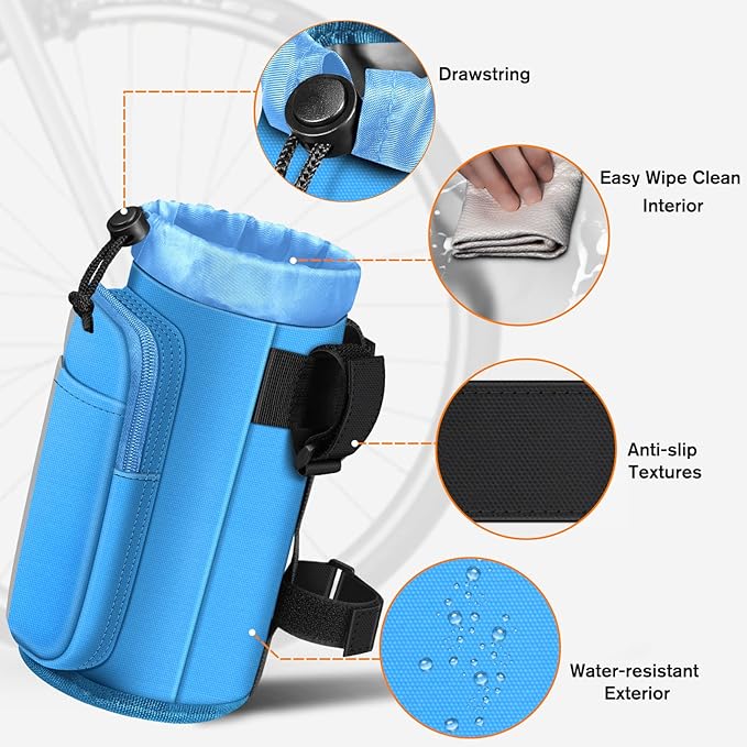 FINPAC Cup Holder for Bike, Universal Water Bottle Holder with Phone Pockets for Stroller Walker Golf Cart Rollator and Scooter, Outdoor, Biking - Blue