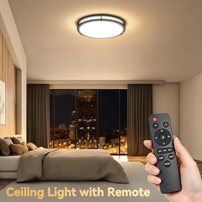 LED Ceiling Light with Remote 10 Inch Flush Mount Ceiling Light Fixture, 18W 3000K-6000K Adjustable Color Temperature, Dimmable Lighting Fixtures for Kitchen Bedroom. Hardwired