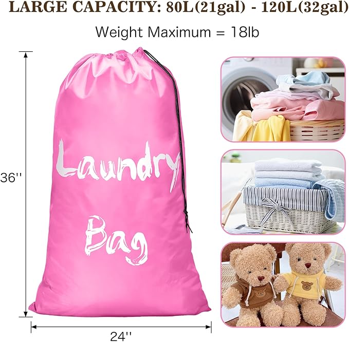 2 Pack XL Travel Laundry Bags for Dirty Clothes - Extra Large Heavy Duty Drawstring Laundry Bag Holds 4 Loads - Cruise Ship, Camping, Road Trip, Vacation Essentials Must Haves 2025(Pink + Pink)