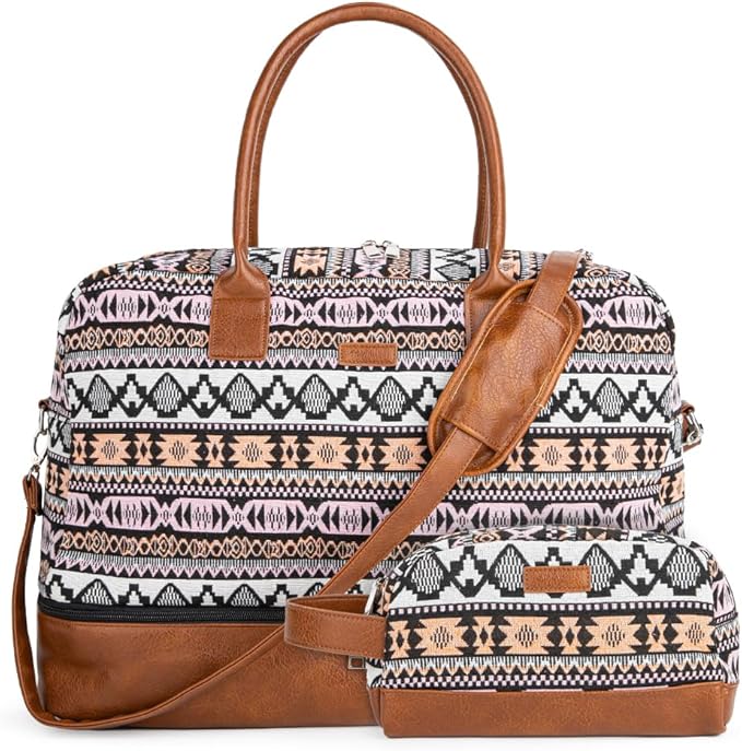 MyMealivos Canvas Weekender Bag, Overnight Travel Carry On Duffel Tote with Shoe Pouch (multi)