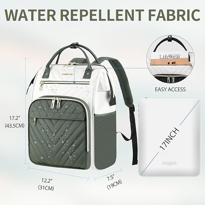 VANKEAN 17 Inch Laptop Backpack for Women Men Fashion Computer Work Bag, Large Capacity Waterproof Backpack with USB Port & RFID Pockets, College Daypack Business Travel, Beige-Army green