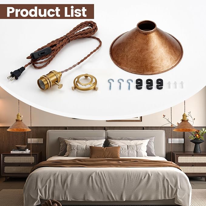 Hanging Light Plug in,Vintage Hanging Lamp Plug in with Rusted Copper 8.2 Inch Shade and Adjustable 13Ft Cord Antique Farmhouse Pendant Light Kitchen Island Bedroom and Sofa