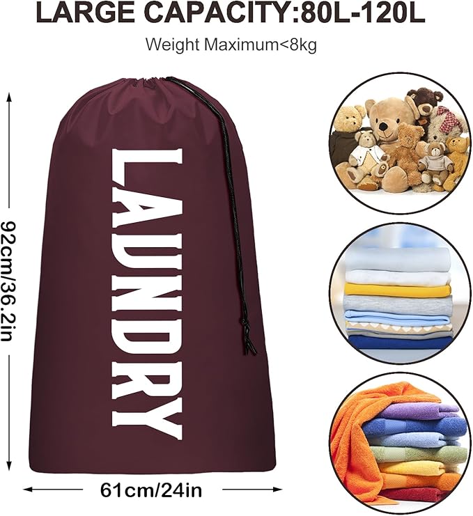 Laundry Bag, Travel Laundry Bag Machine Washable Dirty Clothes Organizer, Large Enough to Hold 4 Loads of Laundry, Easy Fit a Laundry Hamper or Basket (Wine+Navy, 24" x 36")