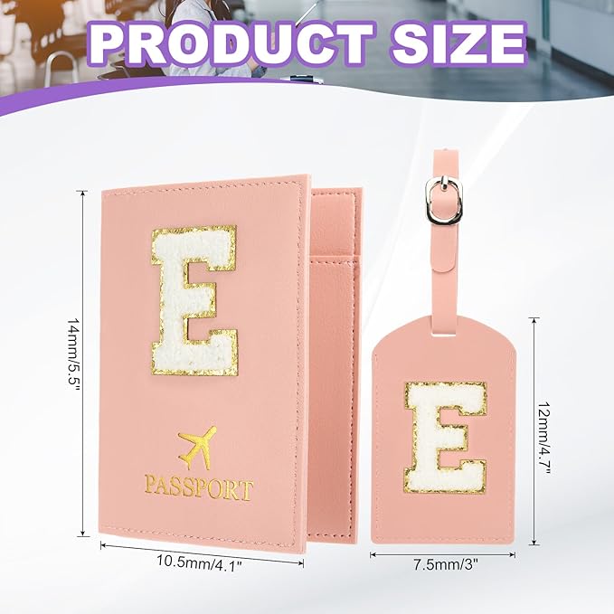 PATIKIL Passport Holder for Travel, Initial Passport Cover and Luggage Tag Set with Alphabet Chenille Letter Patch Travel Wallet Bag Suitcase Identifier for Women Family Travel Pink E