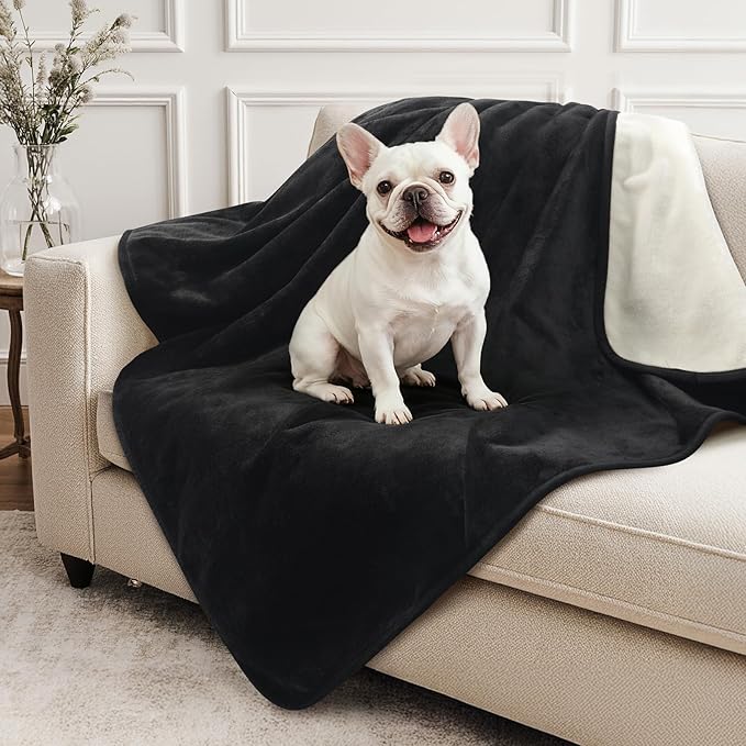 LOOBANI Waterproof Dog Blanket: Spill-Proof Puppy Blankets for Small Medium Dogs Washable, Reversible Soft Flannel Pet Throw for Dog Bed, Crate, Couch Sofa Cover, Travel, 30" x 40", Black & Beige
