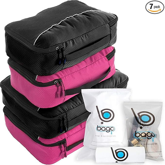 bago 7 Pcs Packing Cubes for Travel - 4 Travel Packing Cubes for Suitcases with 3 ZipLock Bags - Luggage Organizer Bags to Get Maximum Storage, Save Time & Effort to Pack (Black Pink)