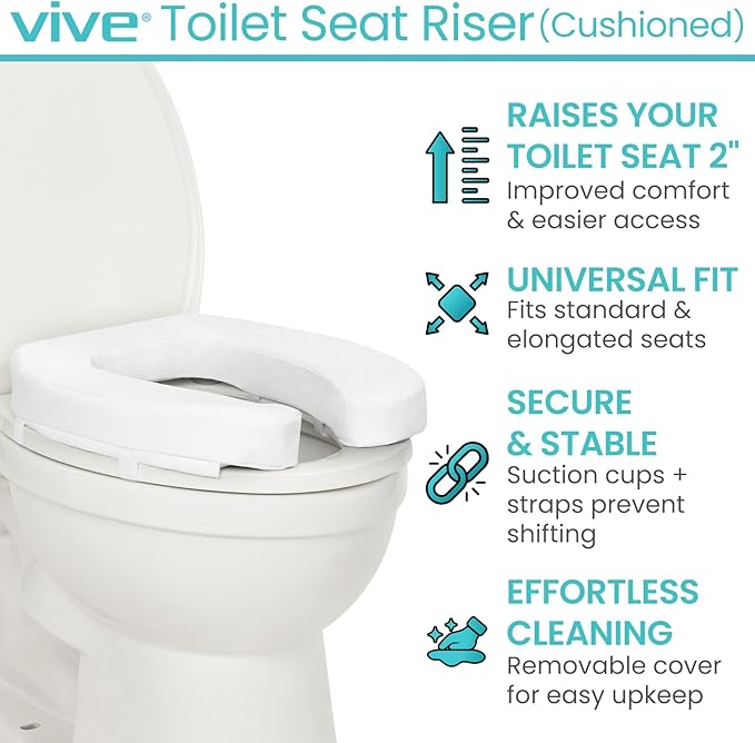Vive Toilet Seat Riser Cushion for Seniors - Universal Fit - Raised Toilet Seat with High-Density Foam for Elongated & Standard - Firm Handle, Cushioned & Padded - Elevated Medical Handicap Lifter
