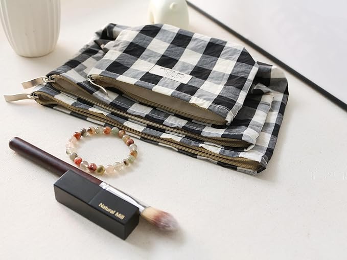 HAPPYHEIDI Large Cotton Black White Checker Makeup Bag with Compartment Cosmetic Toiletry Travel Pouch,Purse Accessory Organizer,Canvas Lined