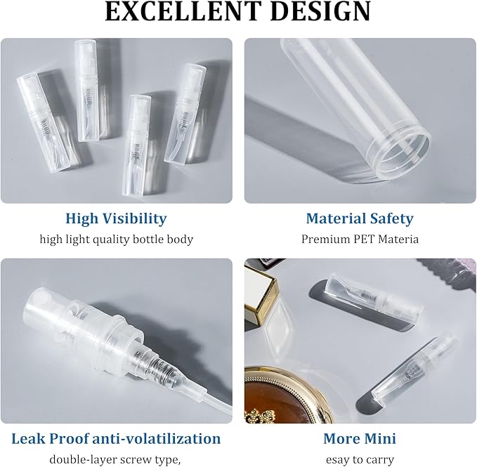 Mini Perfume Sample Bottles, 2 ml Plastic Small Spray Bottle 10 Pack, Fine Mist, Portable Perfume Travel Refillable Bottle, Upgraded atomizer sprayer, Clear
