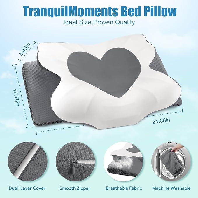 Cervical Neck Pillow for Sleeping, Memory Foam Pillow for Neck Support, Set of 2, Ergonomic Pillow for Pain Relief, Contour Bed Pillow for Side Back Stomach Sleepers, Grey, Queen Size