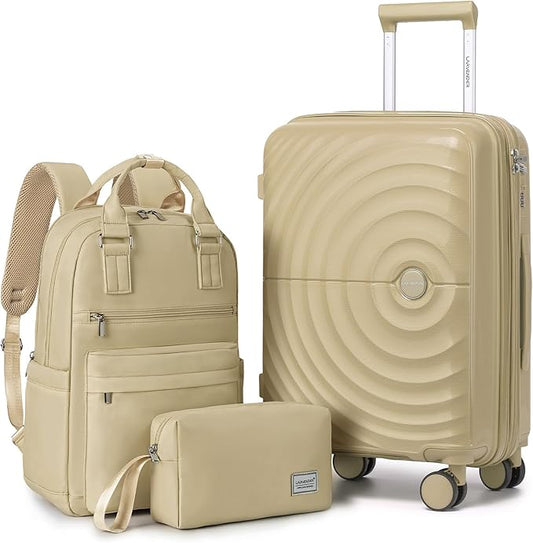LARVENDER Carry On Luggage Set 22x14x9 Airline Approved, Expandable 20 Inch Carry-On Suitcases With Wheels, Lightweight Luggage Sets 3 Pieces With Backpack, Champagne