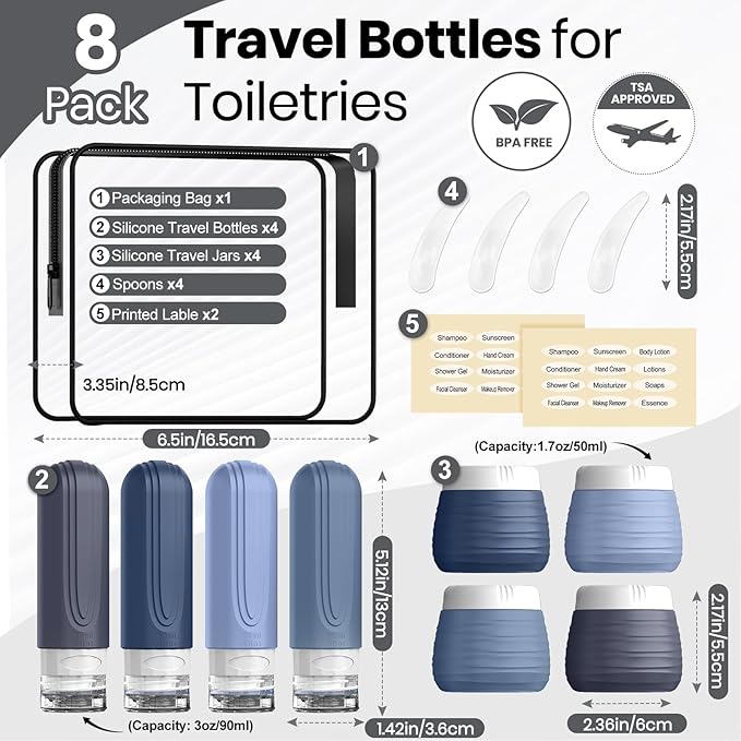 Travel Bottles for Toiletries 8 Pack, TSA Approved Travel Size Toiletries Containers Set, 4 Silicone Leak Proof Refillable Bottles and 4 Creams Jars Accessories Kit W/Clear Bag (BLUE)