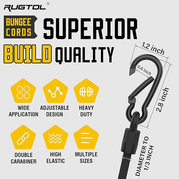 Rugtol Bungee Cords with Hooks, Upgrade 12pcs Assortment Heavy Duty Outdoor with 48'' Adjustable Bungee Cords Carabiner Black, 6'' Canopy Tarp Ball Ties and Tarp Clips for Tents, Cargo, Camping
