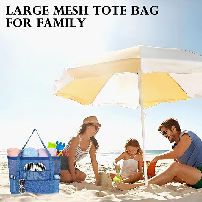 Fammart Mesh Beach Bag, Large Beach Tote with Zipper Pocket, Toys Pool Bag for Family Travel Vacation Cruise Essentials