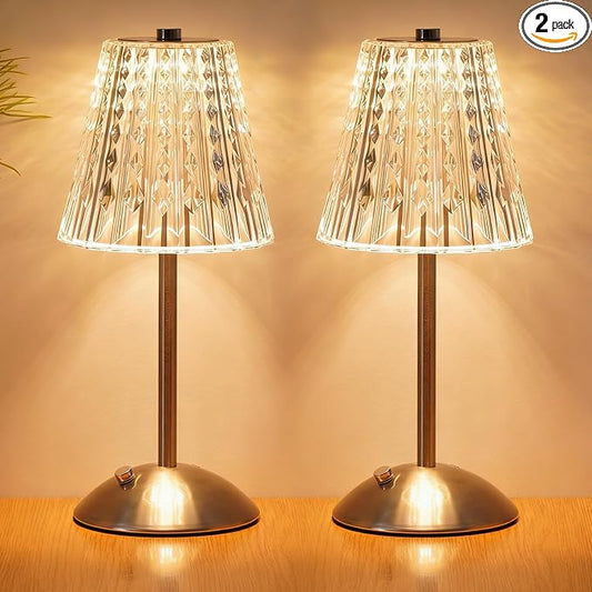 Nusogon 2 Pack Cordless Touch Table Lamp, LED Rechargeable Small Dask Lamp | 3 Colors Dimmable Silver Battery Operated Crysta Lamp for Bedroom Restaurant Kitchen Home Decor