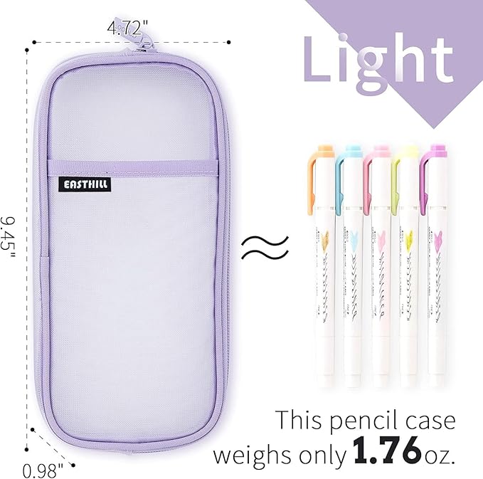 EASTHILL Grid Mesh Pen Pencil Case with Zipper Clear Makeup Color Pouch Cosmetics Bag Multi-Purpose Travel School Teen Girls Transparent Stationary Bag Office Organizer Box for Adluts(Purple)