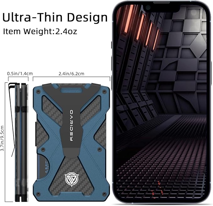 Minimalist Wallet for Men- Slim Aluminum Metal Money Clip Wallet with Clear ID Card Holder, Carbon Fiber Wallet, RFID Blocking, Holds up 15 Cards with Cash Clip, Ultra-Thin Tactical Wallet-Navy Blue