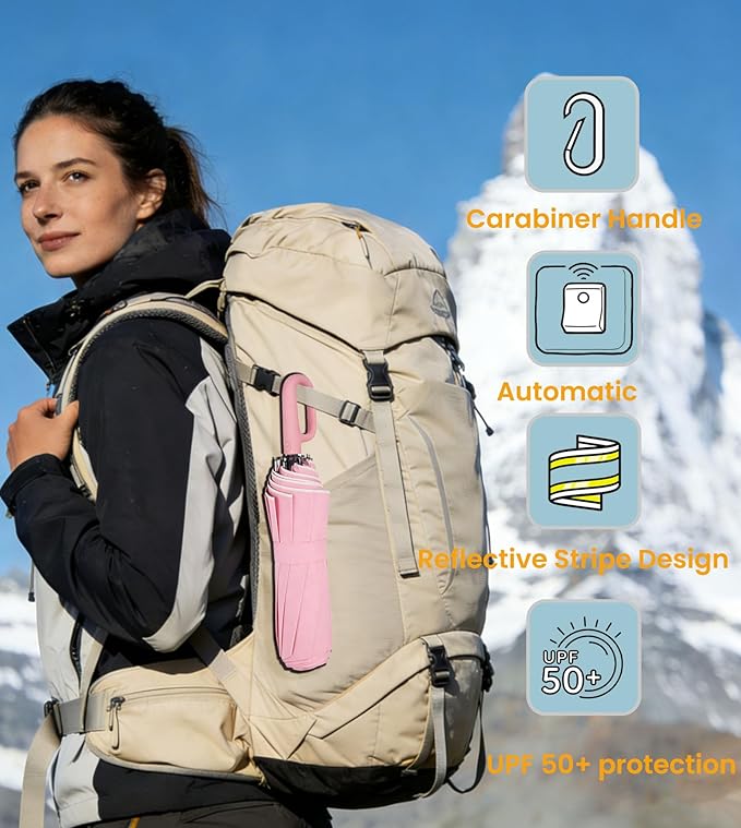 SIEPASA Travel Umbrella with Carabiner Handle - Windproof 10 Ribs Auto Open/Close for Rain & Sun Protection, Compact Portable Clip-on Backpack Design with Safety Reflective Strip.