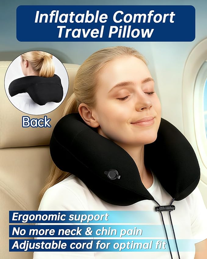 Inflatable Travel Neck Pillow for Airplane with Adjustable 360° Head & Neck Support, 2-in-1 Air Pump and Storage Bag, Soft Removable Washable Cover for Airplane, Train, Car, Office (Black)
