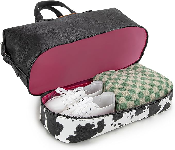 Wrangler Travel Duffel Bag Carry On Overnight Bag with Shoe Compartment Cow Print Weekender Bag for Women WG253-5110COW-BK