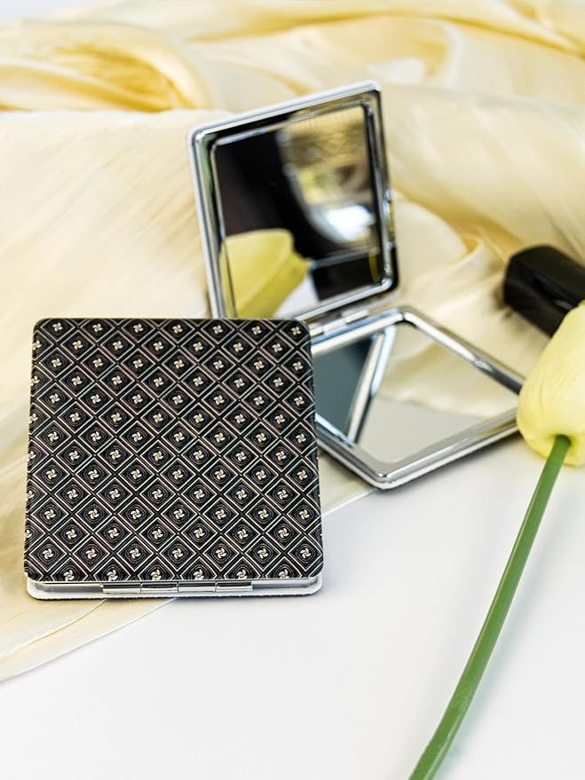 OMIRO 1X/3X Magnifying Mirror, Unique Painting Compact Mirror with Classical PU Leather (Gold Pinwheel Grid)