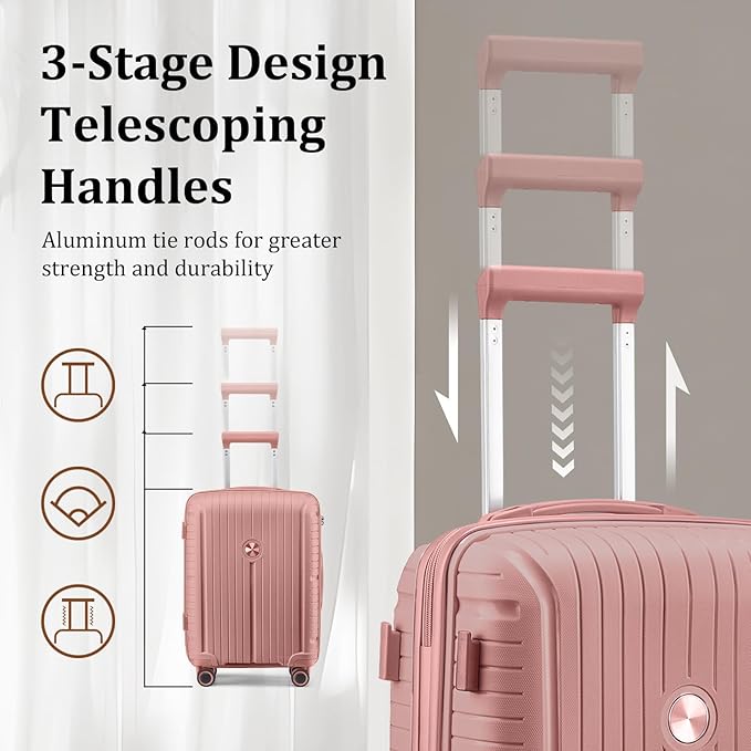 Joyway Luggage Sets 5 Piece PP Hardshell Carry on Suitcase, Travel Lightweight Carry-on with Double Spinner Wheels and TSA Lock, Rose Gold