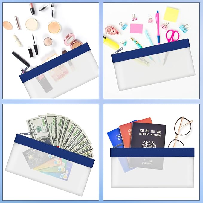4 Pieces Money Bags With Zipper, Cash Envelopes, 7.6 x 3.7 Inch Money Pouch, Clear Bank Deposit Bag, Coin Bag for Collectors, Multi-Purpose Check Wallet (Dark Blue)