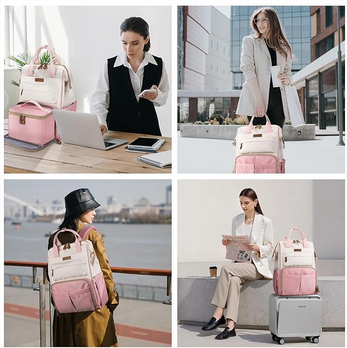 Maelstrom Travel Backpack for Women Men,Laptop Backpack Fits 15.6-17.3 Inch Laptop, Nurse/Work Bag with Insulated Lunch Box (Pink-beige)