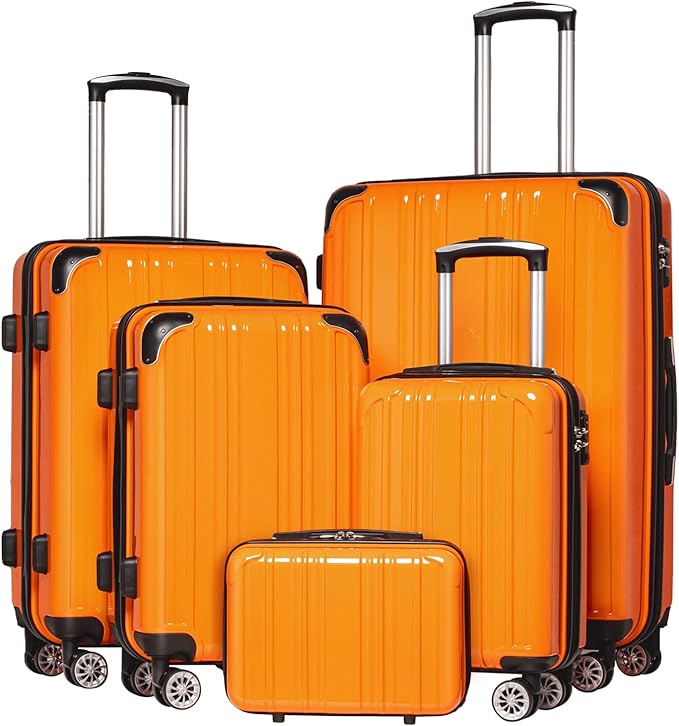 Coolife Luggage Sets, 5 Piece Durable Suitcase, Lightweight Carry on Luggage with PC+ABS Hardshell, Dual Spinner Wheels, TSA Lock and YKK Zipper (orange new, 5 piece set)