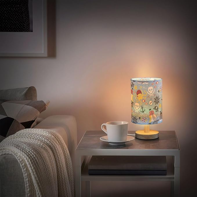Table Lamp Pirate Marine Animal Octopus Whale Fish Nautical Skull Nightstand Lamp with Wood Base Fabric Lamp Shade Bedside Desk Lamp for Living Room Bedroom Kids Room Office