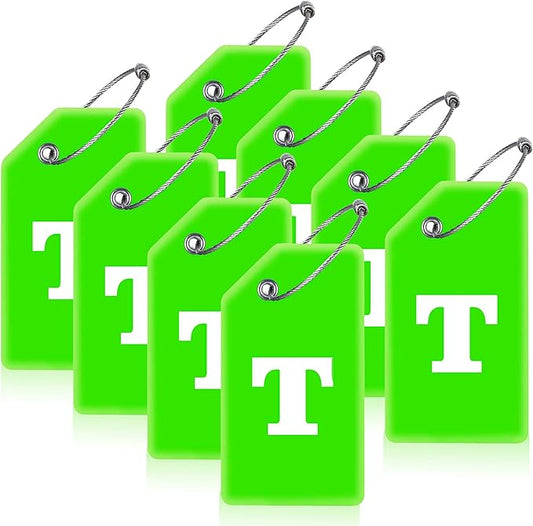 Gostwo 8 Pack Luggage Tags for Suitcases, 26 Initial Letter Travel Luggage Baggage Identification Labels ID Tags Fully Bendable Tags with Stainless Steel Loop (Letter T, Green)