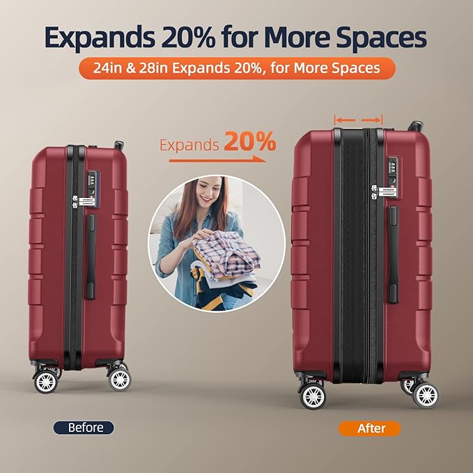 SHOWKOO Luggage Sets 3 Piece Expandable 100% PC Durable Hardshell Suitcase with Wheels TSA Lock Lightweight Wine Red