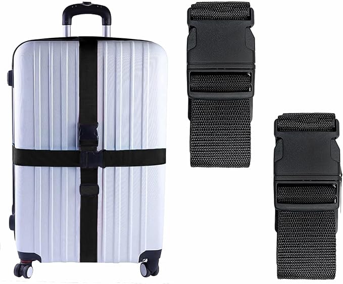 2 Pack Suitcase Belts, Adjustable Luggage Straps, Bright Colors Travel Packing Straps with Quick Release Buckle (Black)